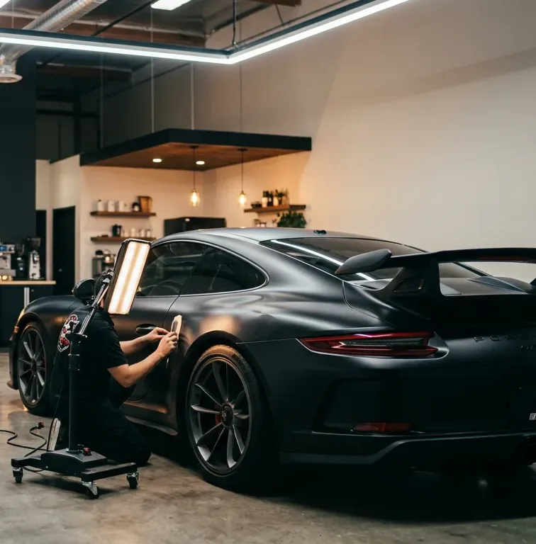 Porsche 911 GT3 receiving paintless dent repair inside the Flawless Finish PDR shop