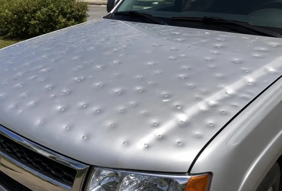 Hail-damaged Hood Restoration before — Hood beat up by hail — brought back to a factory-smooth finish with paintless dent repair.